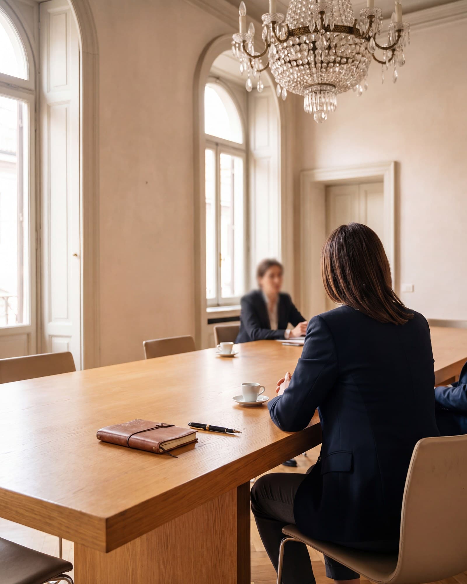 Un incontro con il cliente in una sala riunioni luminosa di un palazzo storico.